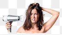 PNG Frustrated woman using blow dryer collage element, transparent background