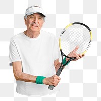 PNG Senior man holding tennis racket collage element, transparent background