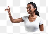 Png happy woman pointing image on transparent background