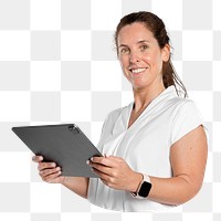 Png woman using tablet image on transparent background