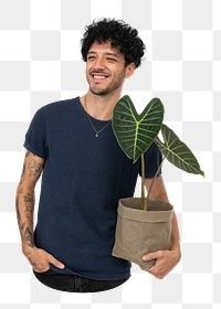 Png man holding potted plant image on transparent background