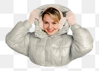 PNG woman in puffer jacket, collage element, transparent background