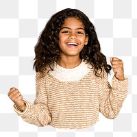 Png celebrating kid, African girl image on transparent background