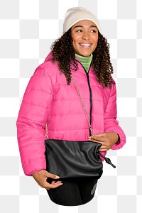 Winter outfit png, black woman on transparent background