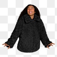 Png happy woman wearing coat image, transparent background