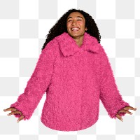 Png woman in pink coat image, transparent background