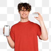 Png man holding phone & card, transparent background