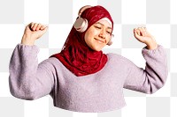 PNG Muslim woman listening to music, collage element, transparent background