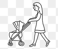 PNG Mother baby stroller line art, collage element, transparent background