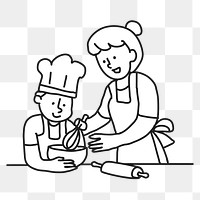 PNG Mother kid cooking line art sticker, transparent background