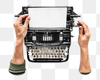 PNG man typing on a retro typewriter, collage element, transparent background