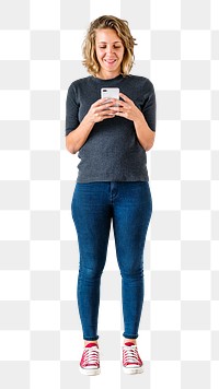 Woman using phone png collage element, transparent background