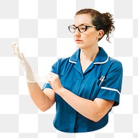 Nurse putting on glove png, transparent background