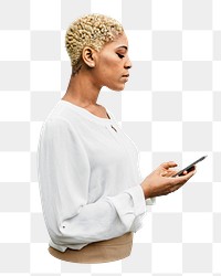 PNG woman using her phone, collage element, transparent background