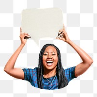 PNG Woman with blank speech bubble, collage element, transparent background