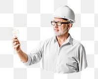 PNG Senior engineer holding light bulb collage element, transparent background