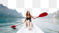 PNG Woman paddling a canoe through a national park collage element, transparent background