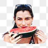 PNG Woman eating watermelon, collage element, transparent background