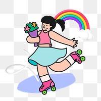 Doodle woman rollerblading png, transparent background