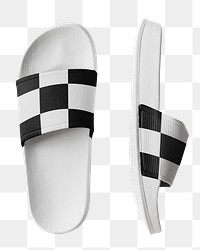 Checkered slide png sandals, black and white, transparent background