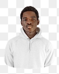 Men's white hoodie png on African American model, transparent background