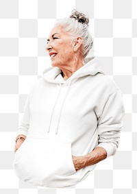 PNG Mature woman in white hoodie collage element, transparent background