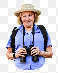 PNG Senior woman on an adventure collage element, transparent background