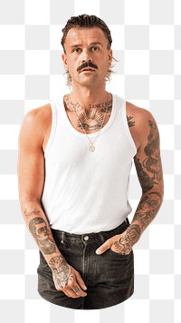 PNG Tank top with black jeans on tattooed male, collage element, transparent background