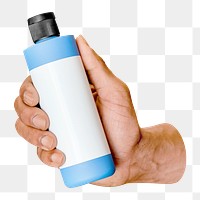 PNG Blue bottle, hand holding, beauty product packaging transparent background