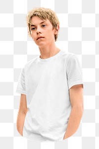 PNG Boy wearing white t-shirt collage element, transparent background