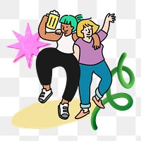 Doodle women partying png, transparent background