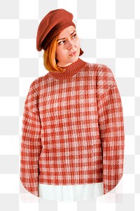 PNG Woman in plaid red sweater collage element, transparent background