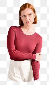 PNG Woman wearing burgundy t-shirt, collage element, transparent background