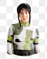 PNG woman wearing patterned turtleneck sweater, collage element, transparent background