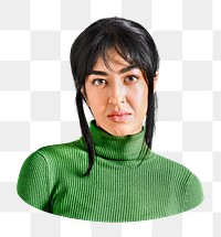 PNG Woman wearing green turtleneck sweater, collage element, transparent background