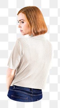 PNG Woman wearing beige knitted shirt with jeans, collage element, transparent background