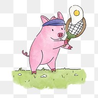 PNG Pig playing tennis with a fried egg, illustration, collage element, transparent background