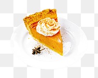 Pumpkin pie slice png dessert, transparent background