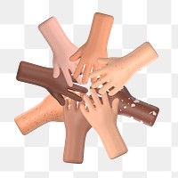 Diverse teamwork png 3D hands in middle collage element, transparent background