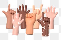 3D raised hands png human rights collage element, transparent background