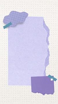 Torn rectangular purple paper element, tape, grid notepaper collage art