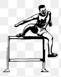 PNG Hurdling track athlete black and white vintage illustration, transparent background. Free public domain CC0 image.