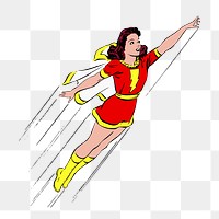PNG Female superhero flying in the air vintage illustration, transparent background. Free public domain CC0 image.