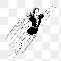 PNG Female superhero flying in the air vintage illustration, transparent background. 