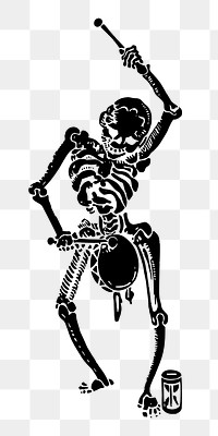 PNG Human skeleton playing drum vintage  illustration, transparent background. Free public domain CC0 image.