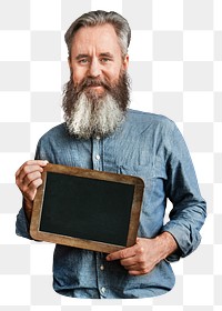 PNG Old caucasian man with blank blackboard, collage element, transparent background