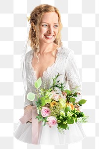 PNG Bride in wedding dress holding bouquet flowers, collage element, transparent background