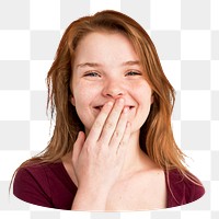 Png young shy girl giggle, transparent background