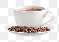 Png coffee cup with bean pile, transparent background