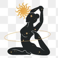 Png woman doing yoga, spiritual elements remix, transparent background